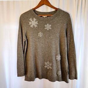 Talbots Large Petite Gray Snowflake Embellished Long Sleeve Sweater Cozycore